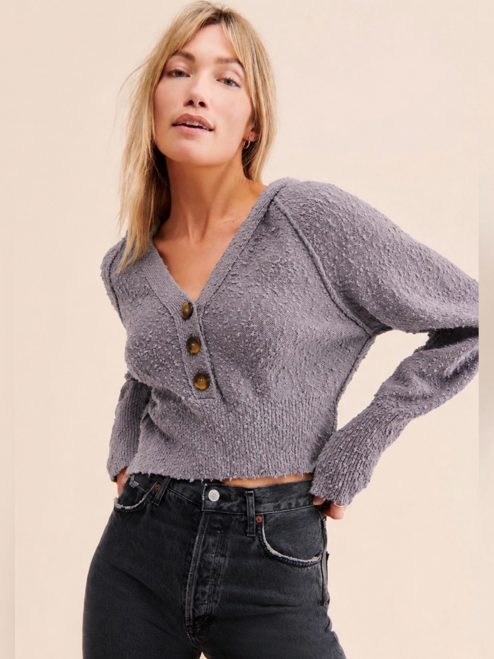 Free People Lavender V-Neck Button Sweater